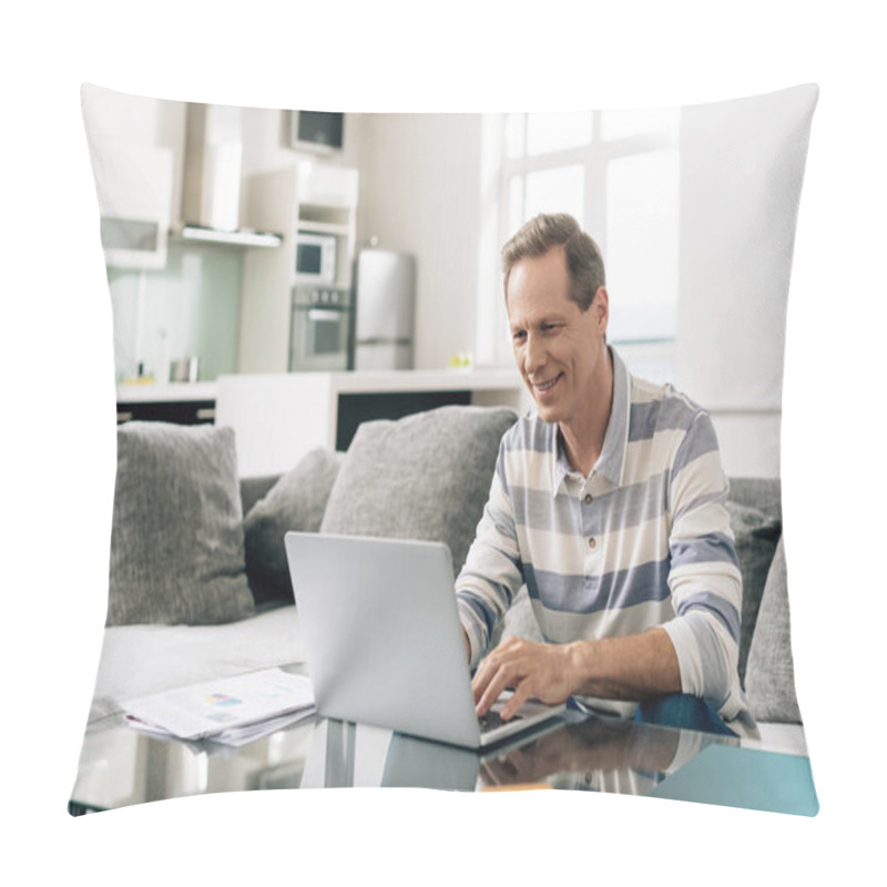 Personality  Cheerful Man Smiling While Using Laptop Near Credit Card In Living Room  Pillow Covers