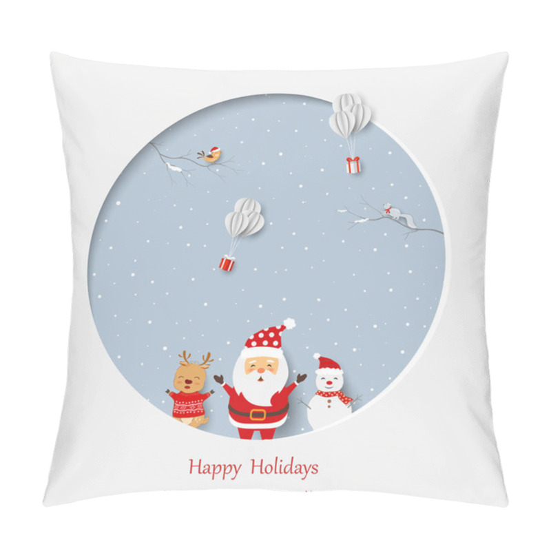 Personality  Merry Christmas And Happy New Year Greeting Card,cute Santa Claus,reindeer And Snowman Happy On Winter Holiday,vector Illustration Pillow Covers