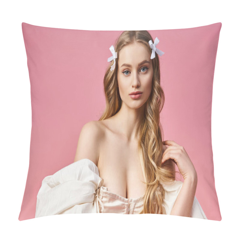 Personality  A Young, Blonde Woman Exudes Elegance In A White Dress, Accentuated By A Bow In Her Hair. Pillow Covers