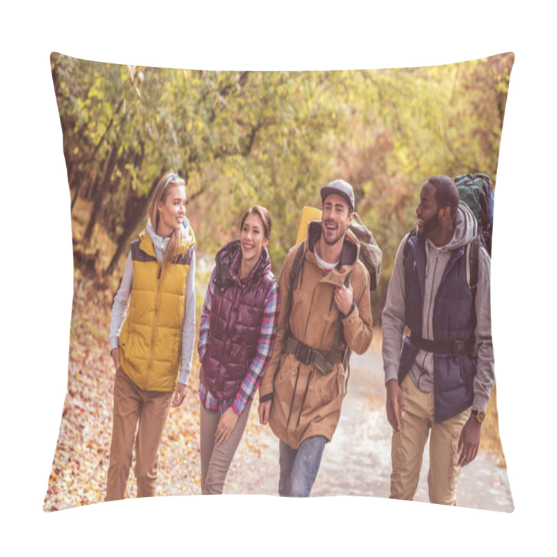 Personality  Happy Young Backpackers In Forest Pillow Covers