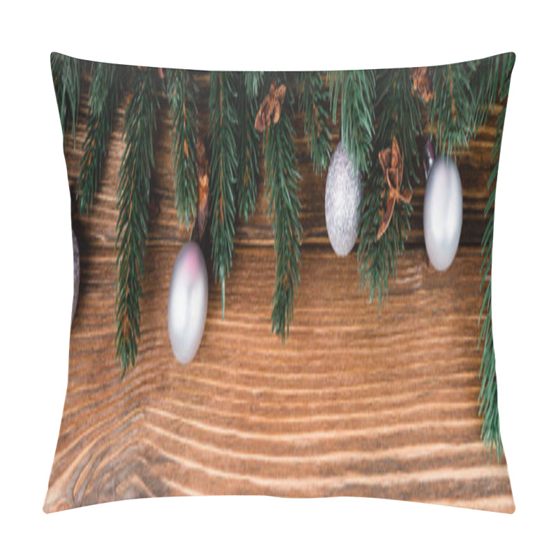 Personality  Top View Of Baubles, Anise Stars And Pine Branches On Brown Wooden Background, Banner Pillow Covers