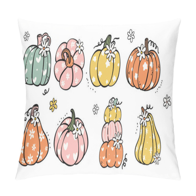 Personality   Cute Hallowen Pumpkin Cartoon Doodle Set With Retro And Groovy Vibes Cartoon Doodle Hand Drawing. Pillow Covers