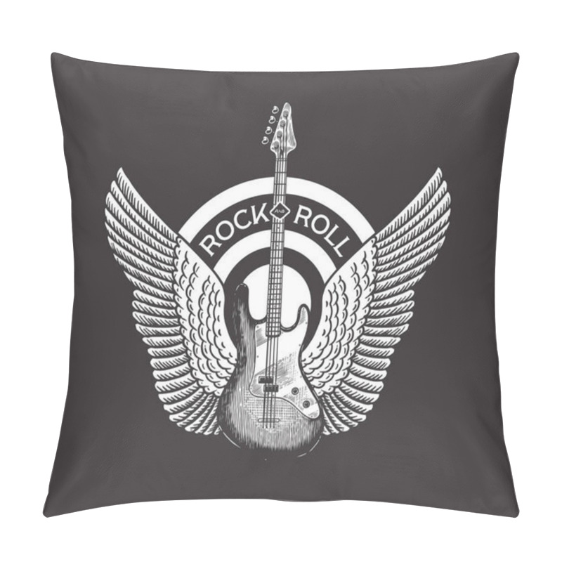 Personality  Guitar With Angel Wings. Hand Drawn Grunge Sketch With A Tattoo Or T-shirt Or Woodcut. Rock Concept. Vintage Vector Illustration For Poster Or Banner. Pillow Covers