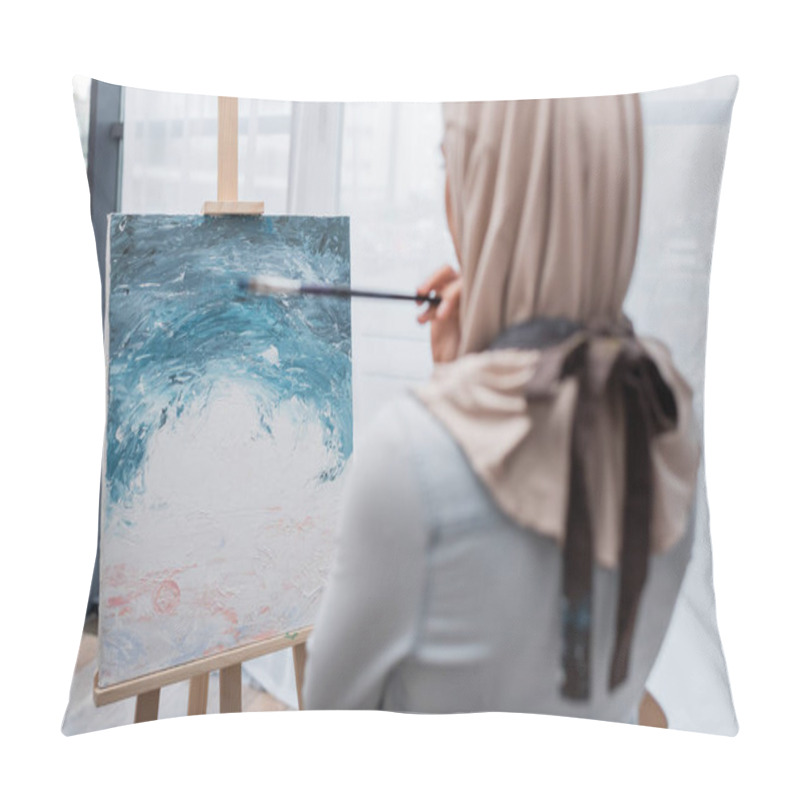 Personality  Back View Of Blurred Muslim Woman Drawing Picture At Home Pillow Covers