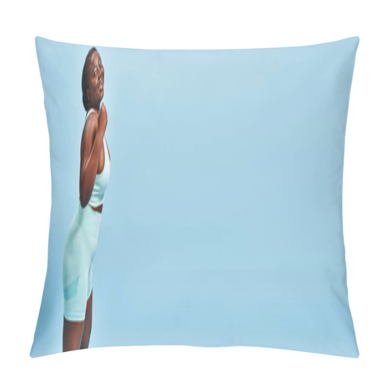 Personality  Happy Plus Size Woman In Active Wear Flexing Her Muscles On Blue Background, Horizontal Banner Pillow Covers