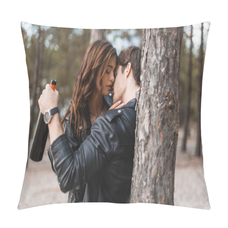 Personality  Selective Focus Of Man In Leather Jacket Kissing Girlfriend And Holding Bottle Of Wine In Forest  Pillow Covers