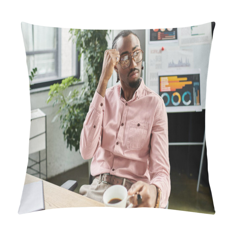 Personality  A Young African American Man Thinks Deeply While Enjoying Coffee In A Bright Office. Pillow Covers