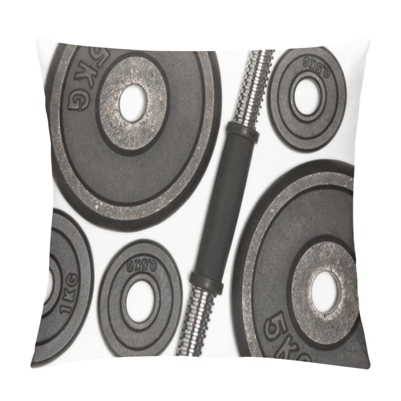 Personality  Close-up View Of Different Weight Plates For Weight Training Isolated On White Pillow Covers