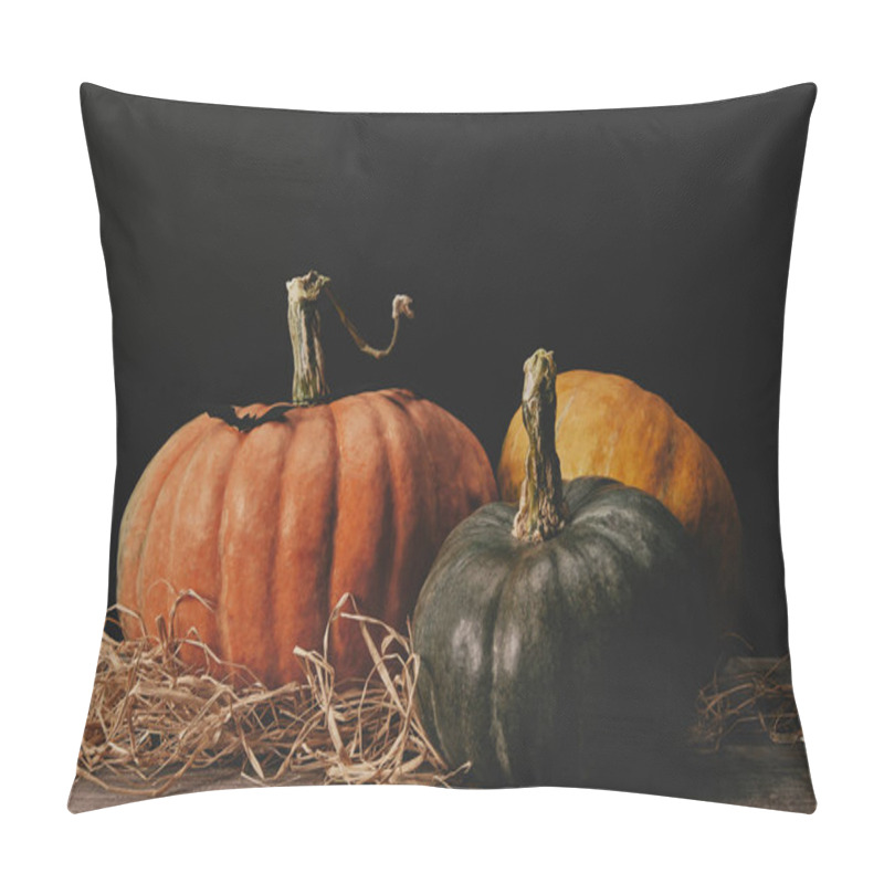 Personality  Three Ripe Pumpkins And Paper Bat On Table, Halloween Concept Pillow Covers