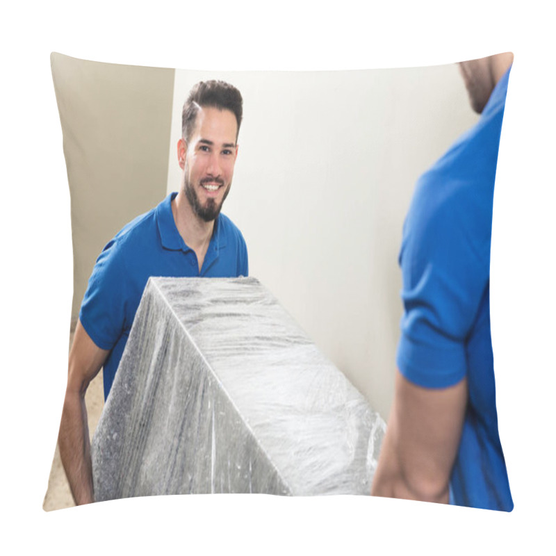 Personality  Two Young Male Movers In Uniform Carrying Furniture On Staircase Pillow Covers