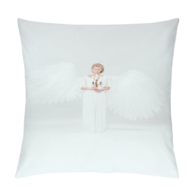 Personality  Beautiful Woman In Angel Costume With Wings And Eyes Closed Holding Candelabrum With Candles On White Background Pillow Covers