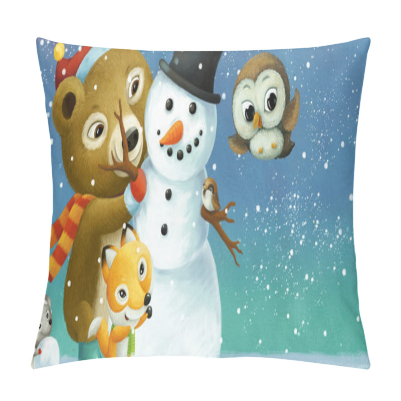 Personality  Cartoon Christmas Scene With Different Animals And Snowman Illustration For Children Pillow Covers