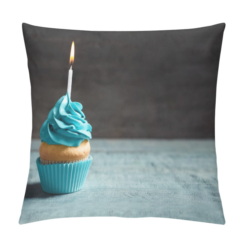 Personality  Delicious Birthday Cupcake With Burning Candle On Table Pillow Covers