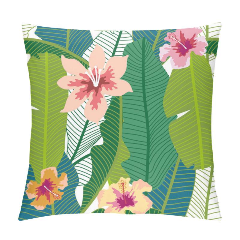 Personality  Green Tropical Background With Banana Leaves And Flowers. Pillow Covers