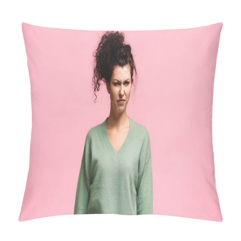 Personality  Displeased Woman Frowning While Looking At Camera Isolated On Pink Pillow Covers