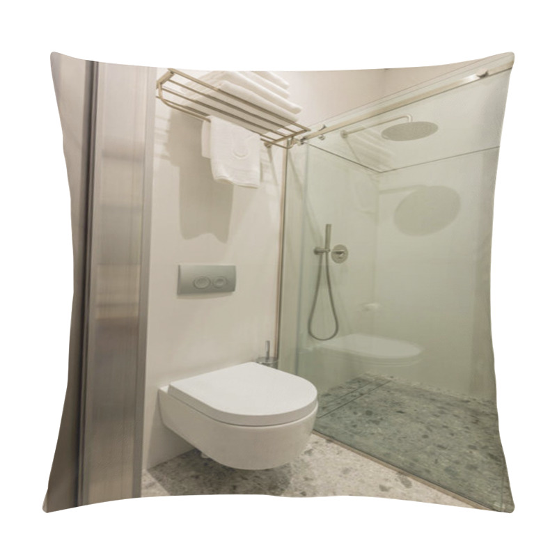 Personality  Interior Of Modern White Bathroom With White Toilet Near Glass Door And Shower  Pillow Covers