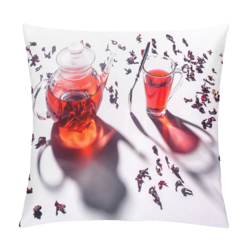 Personality  High Angle View Of Glass Teapot With Hibiscus Tea And Cup With Spoon On Table Pillow Covers