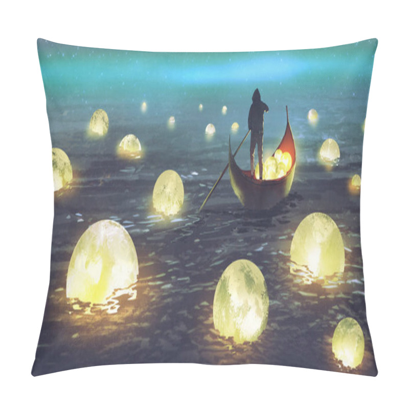 Personality  Night Scenery Of A Man Rowing A Boat Among Many Glowing Moons Floating On The Sea, Digital Art Style, Illustration Painting Pillow Covers