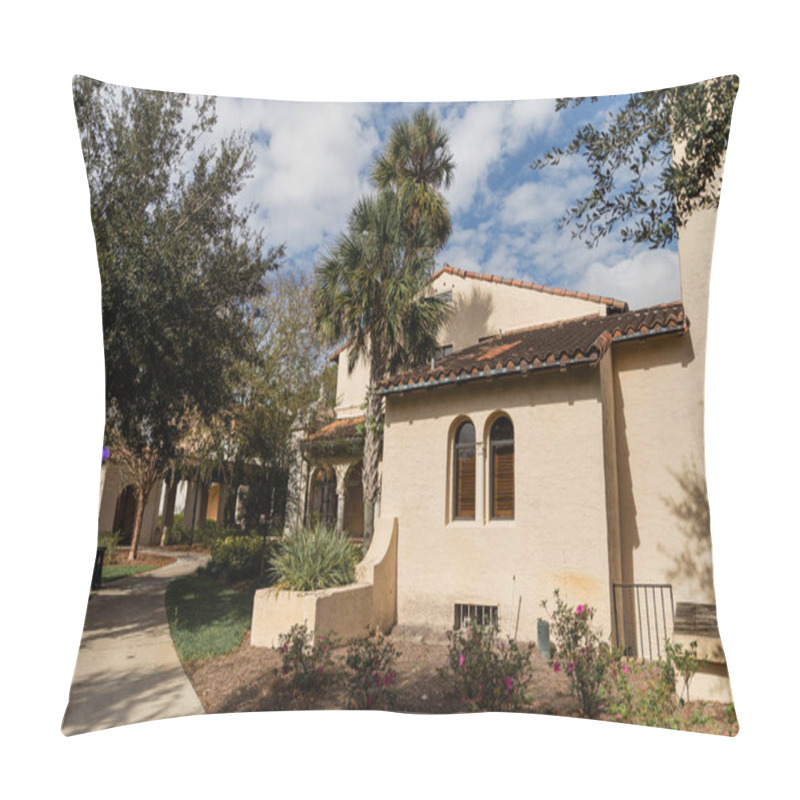 Personality  Green Palm Trees Near Mediterranean Style House In Miami Pillow Covers