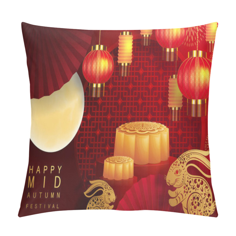 Personality  Mid Autumn Festival With Rabbit And Moon, Mooncake ,flower,chinese Lanterns With Gold Paper Cut Style On Color Background. ( Chinese Translation : Mid Autumn Festival ) Pillow Covers