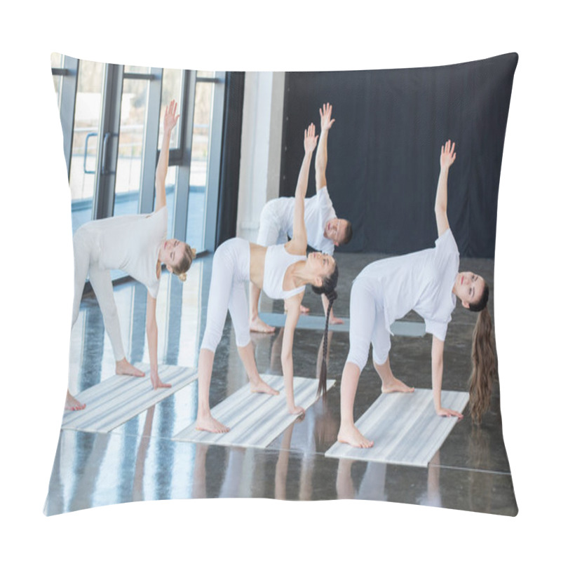 Personality  Girls Doing Ardha Chandrasana With Instructor Pillow Covers