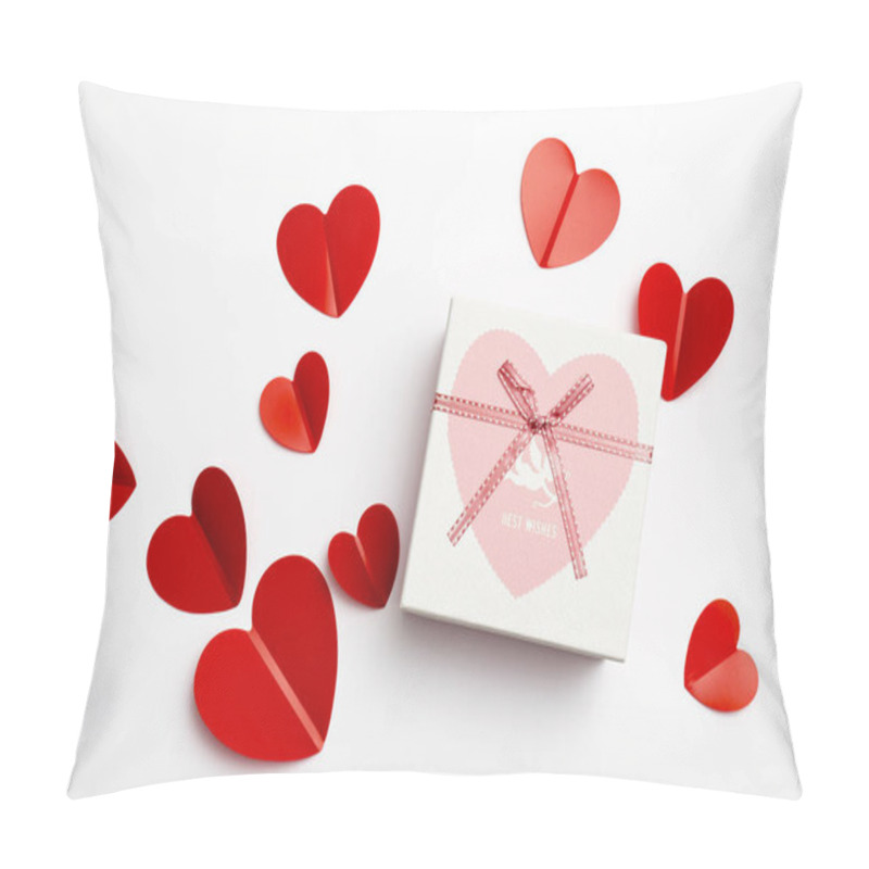 Personality  Greeting Card For Valentine's Day. Envelopes On A White Background And Red Plastic Hearts. Pillow Covers