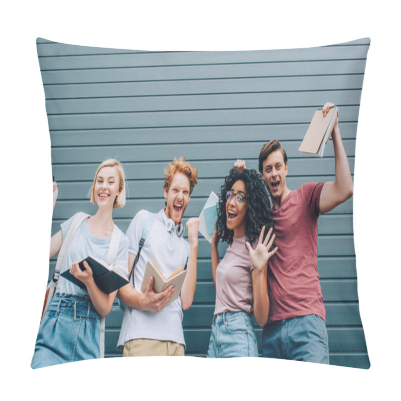 Personality  Excited Multiethnic Students Showing Winner Gesture While Holding Books On Urban Sreet  Pillow Covers