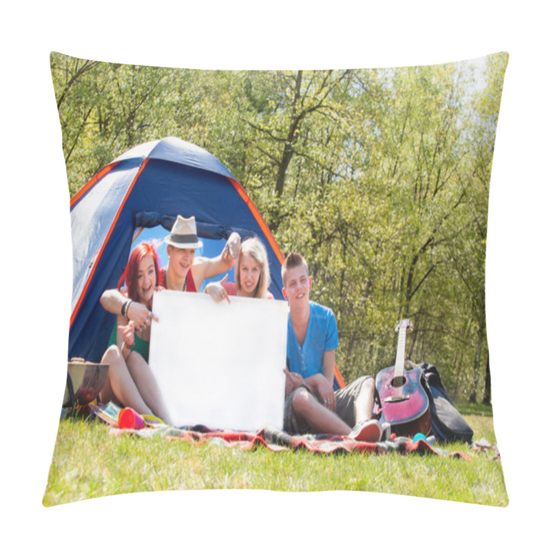 Personality  Youth On A Camping With An Empty Sign Board Pillow Covers