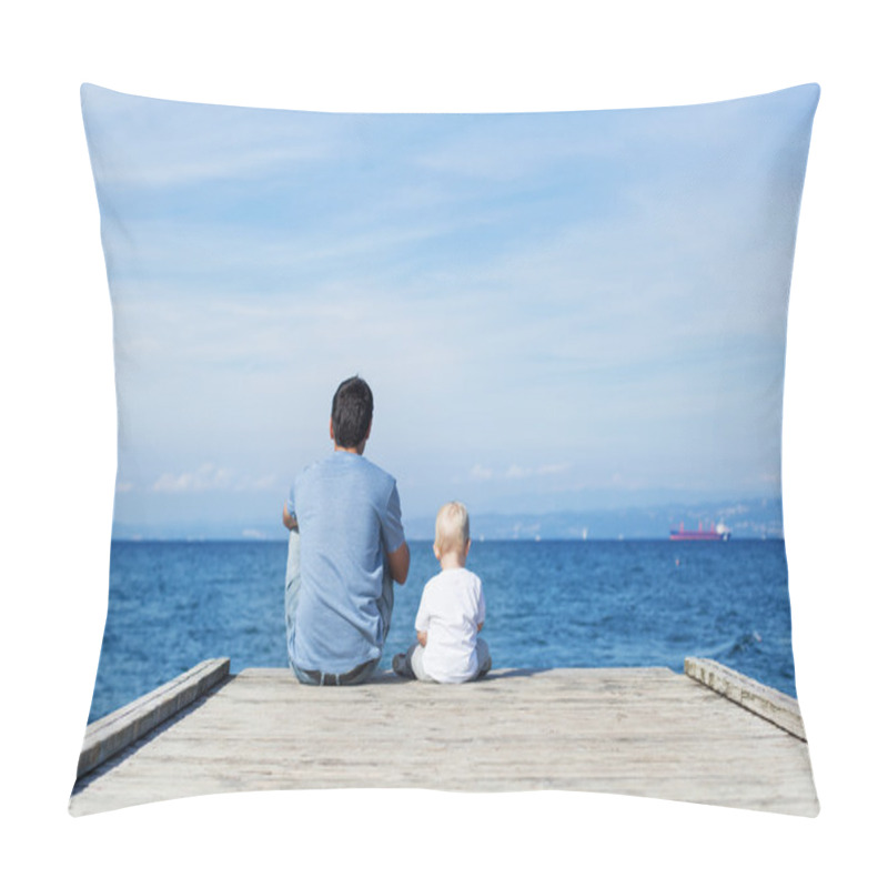 Personality  Father With Son Sitting On The Sea Pier Pillow Covers