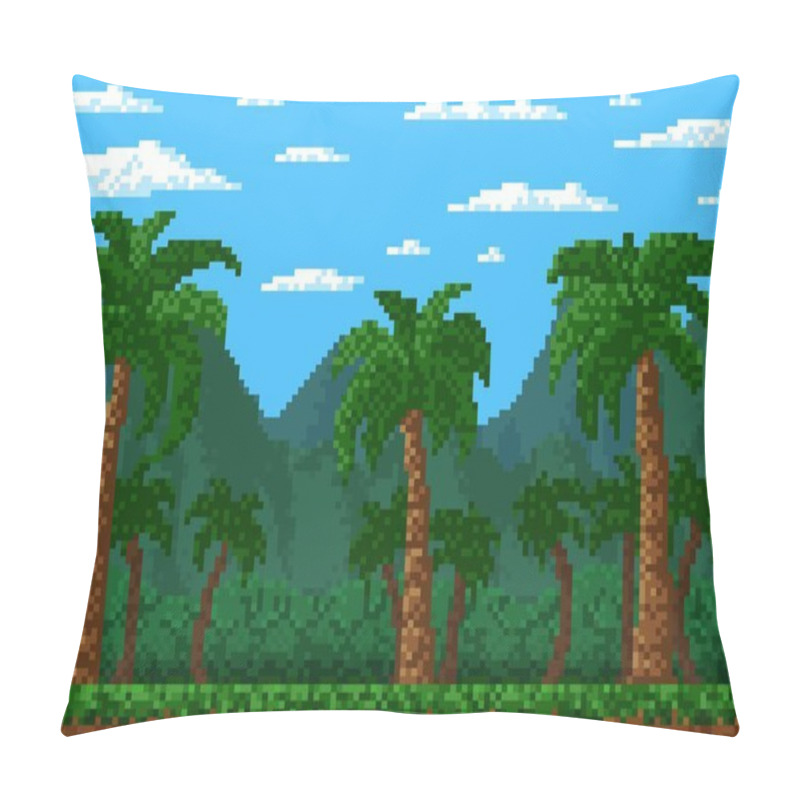 Personality  Jungle Forest 8 Bit Pixel Game Level Landscape With Palms, Vector Cartoon Background. 8bit Pixel Art Or Arcade Video Game Background Of Rainforest Palm Trees, Mountains Of Tropical Island Nature Pillow Covers