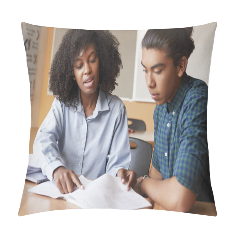 Personality  High School Tutor Giving Male Student One To One Tuition At Desk Pillow Covers