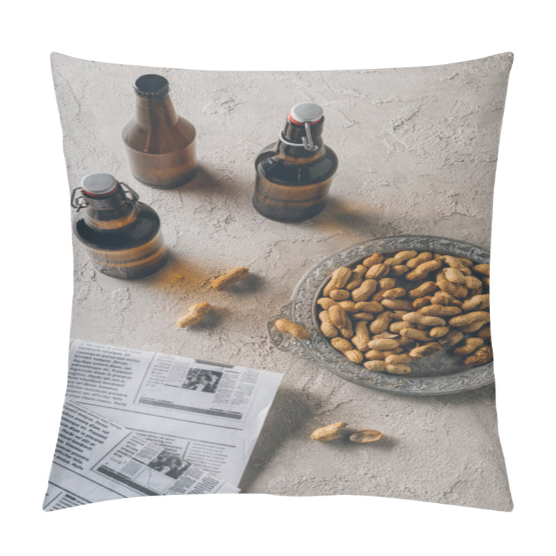 Personality  Top View Of Peanuts, Newspapers And Bottles Of Beer Arranged On Concrete Tabletop Pillow Covers