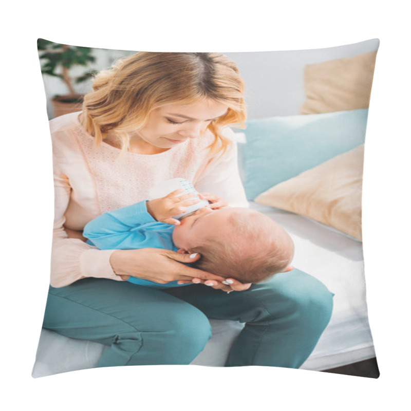 Personality  Beautiful Mother Feeding Her Little Child With Baby Bottle At Home Pillow Covers