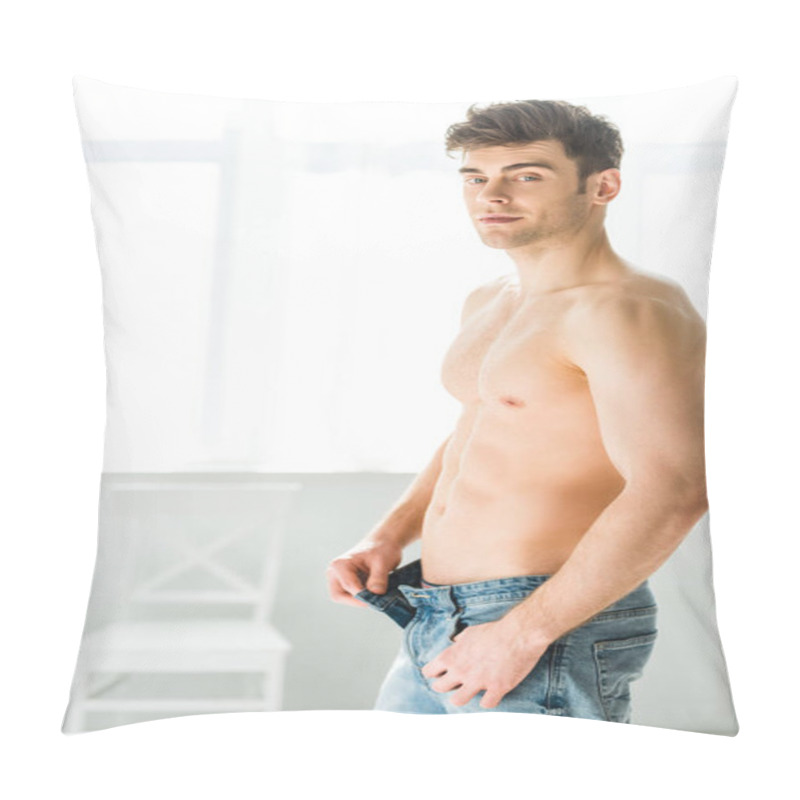 Personality   Handsome Man In Jeans Standing Near Window With Bare Torso In Bedroom Pillow Covers