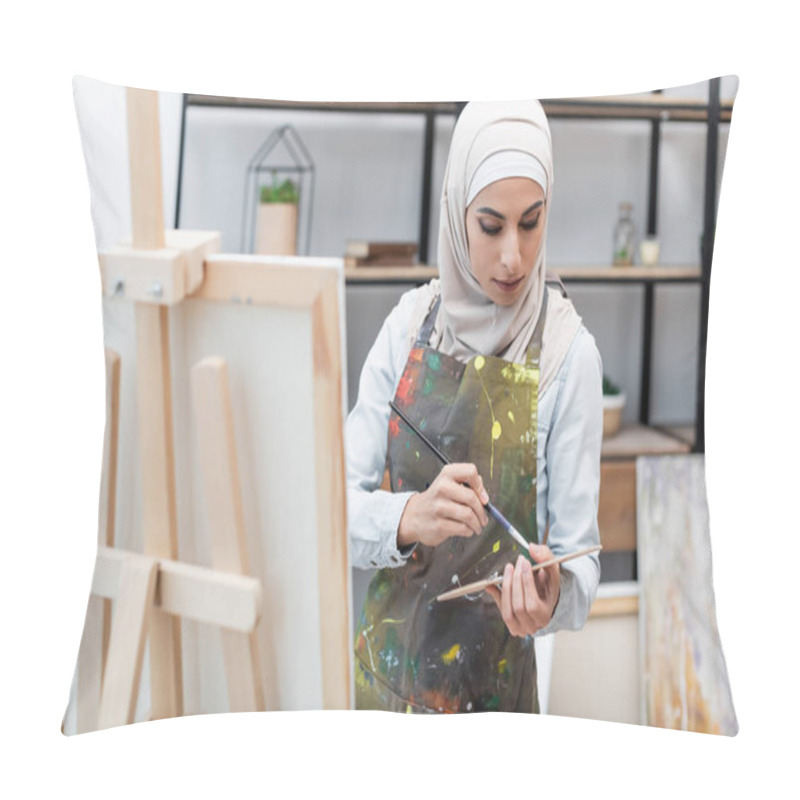 Personality  Young Arabian Woman With Palette And Paintbrush Near Easel In Home Studio Pillow Covers