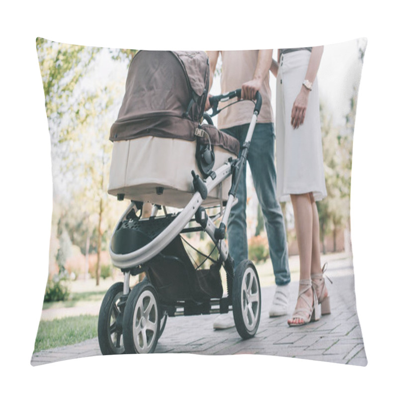 Personality  Cropped Image Of Mother And Father Walking With Baby Carriage In Park Pillow Covers