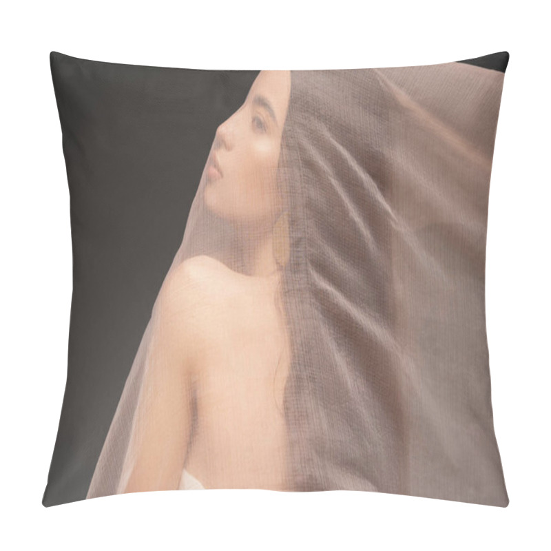 Personality  Side View Of Asian Model With Naked Shoulder Looking Away While Posing Under Cloth Isolated On Black Pillow Covers