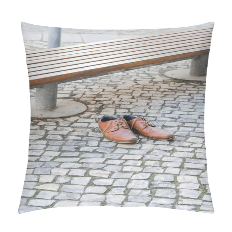 Personality  Brown Leather Shoes On A Cobblestone Pavement Next To A Bench In An Urban Setting. Pillow Covers