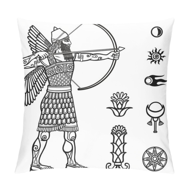 Personality  Image Of The Ancient Archer. Full Growth. Black And White Drawing Based On Motives Of Sumerian Art, Isolated On A White Background. Space Symbols. Vector Illustration. Pillow Covers