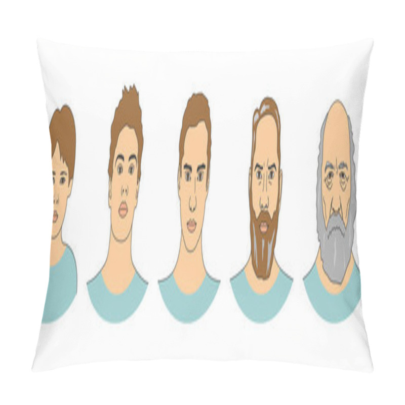 Personality  Set Of Male Portraits From Child To Senior. Generation Of Men At Different Ages: Boy, Teenager, Young, Adult, Old. Vector Illustration, Outline Style. Pillow Covers