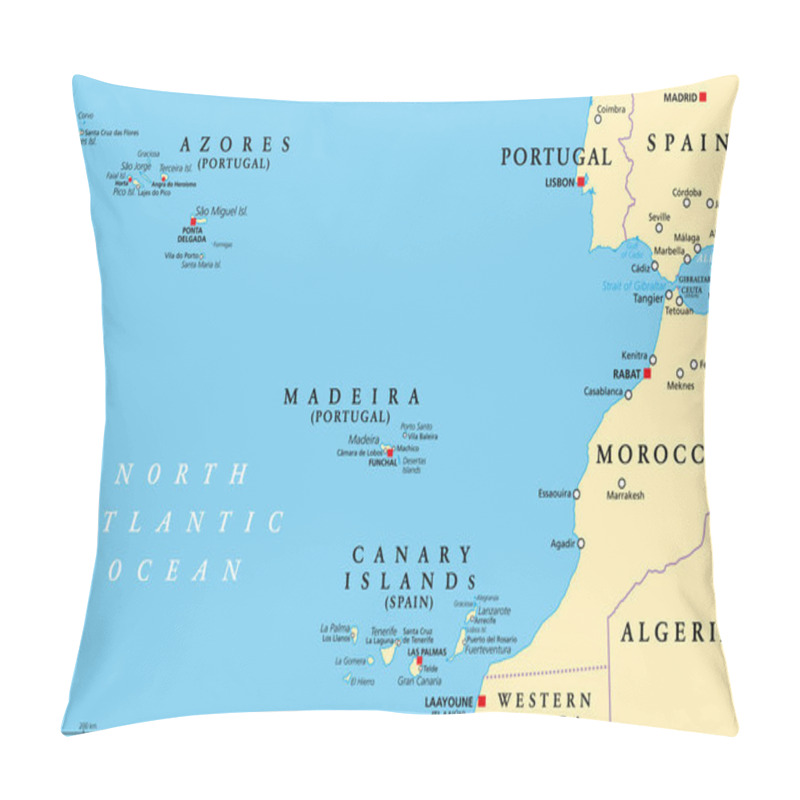 Personality  Azores, Madeira, And Canary Islands, Political Map. Autonomous Regions Of Portugal And Spain, Archipelagos Of Volcanic Islands, In The Macaronesia Region Of North Atlantic Ocean, Next To North Africa. Pillow Covers