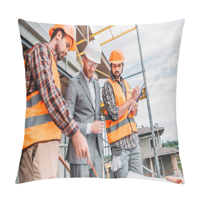 Personality  Bottom View Of Builders And Architect Discussing Blueprint At Construction Site Pillow Covers