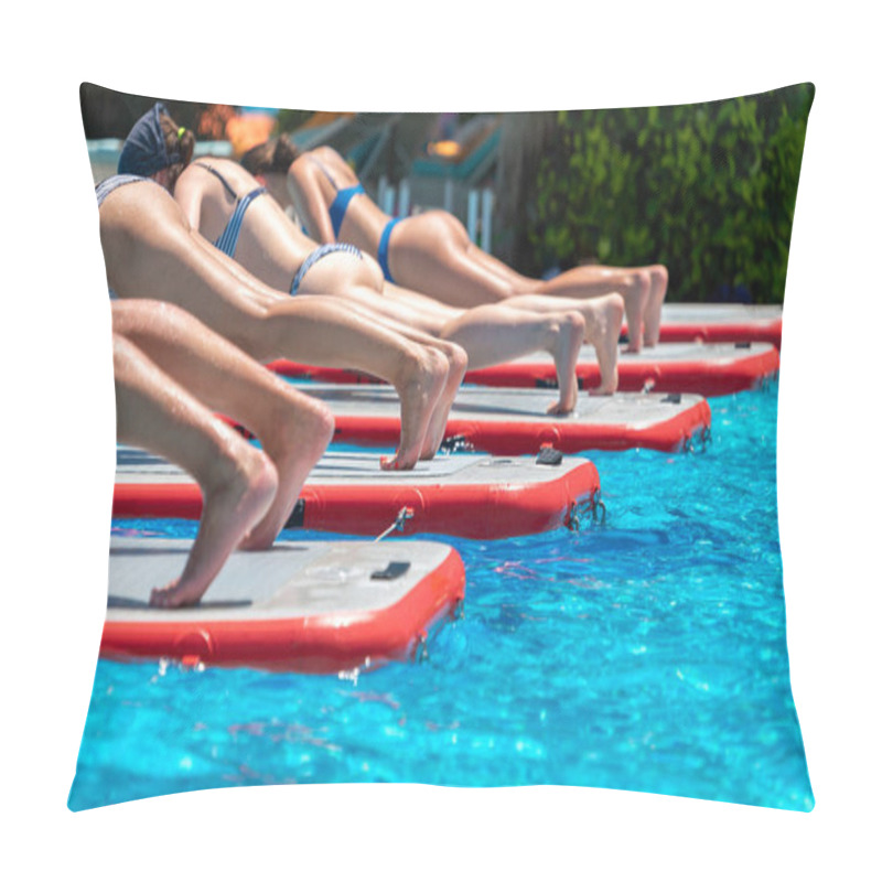 Personality  Close-up View Of Individuals Balancing On Paddleboards During A Fitness Session In A Tropical Resort Pool Under Bright Sunlight. Concept Of Aquatic Activities And Health-focused Vacations Pillow Covers