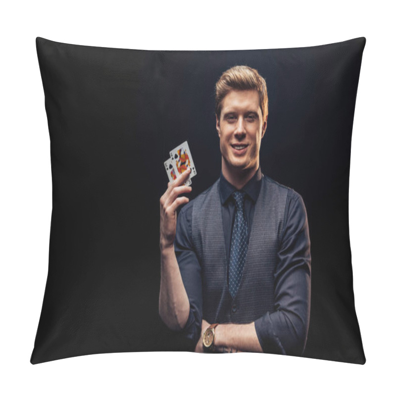 Personality  KYIV, UKRAINE - AUGUST 20, 2019: Cheerful Man Holding Playing Cards Isolated On Black  Pillow Covers