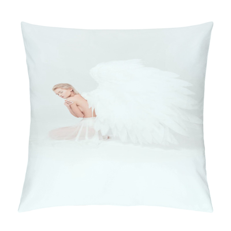 Personality  Beautiful Woman With Angel Wings Sitting With Eyes Closed On Isolated On White Pillow Covers