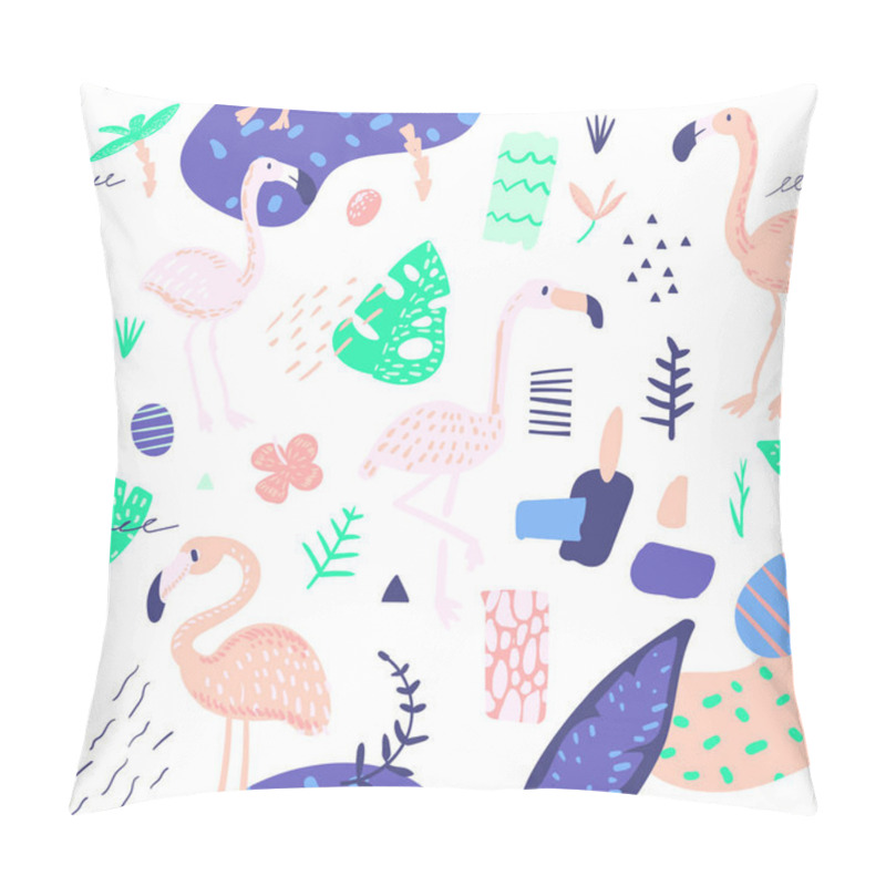 Personality  Childish Summer Seamless Pattern With Flamingo And Tropical Plants. Exotic Background For Fabric Textile, Wallpaper, Wrapping Paper. Vector Illustration Pillow Covers