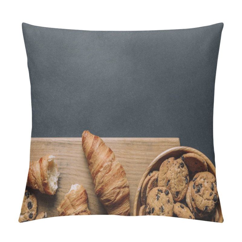 Personality  Flat Lay With Croissants And Cookies With Chocolate Pieces In Bowl On Black Table Pillow Covers