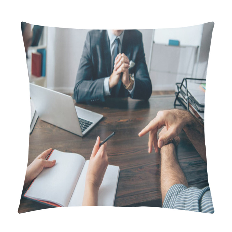 Personality  Businessman Pointing With Finger Near Colleague With Pen, Notebook And Investor On Blurred Background In Office  Pillow Covers