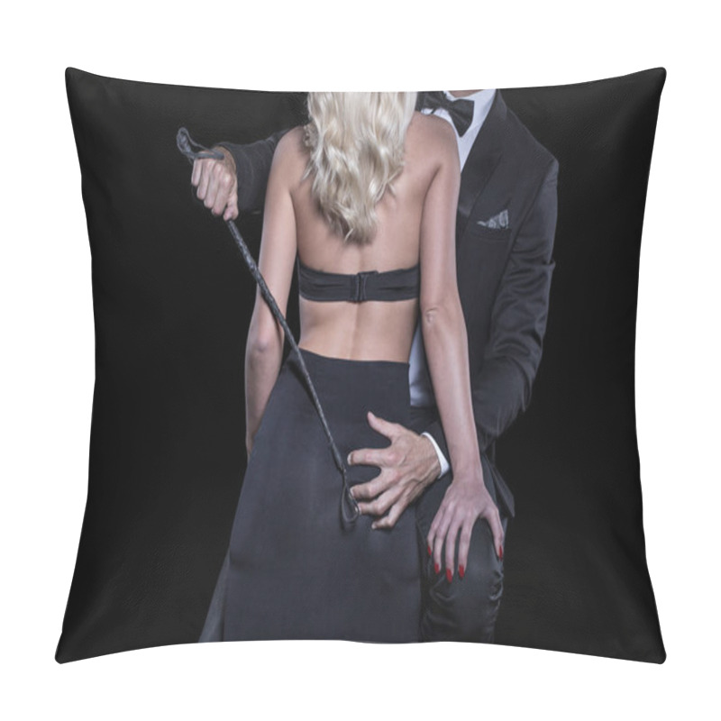 Personality  Dominant Man In Tuxedo And Whip Holding Lover Isolated On Black Pillow Covers