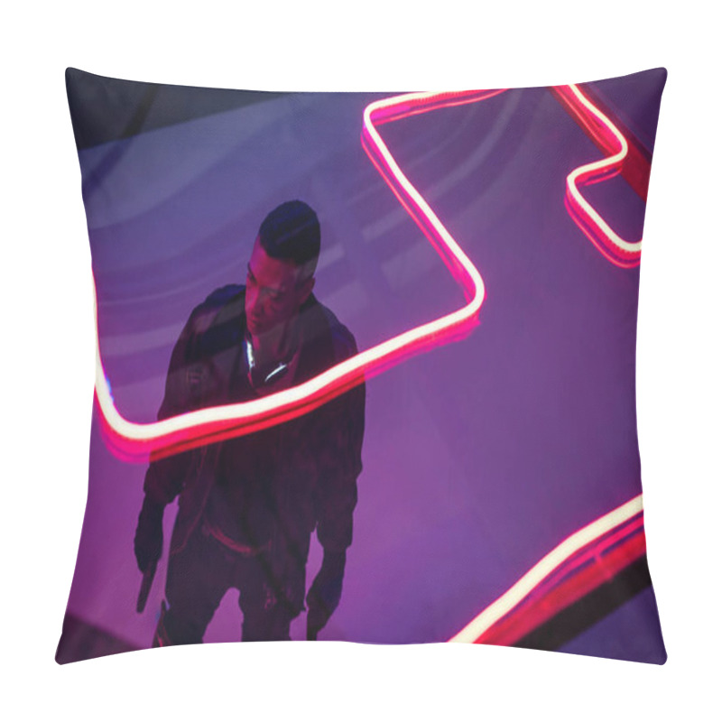 Personality  Overhead View Of Armed Bi-racial Cyberpunk Player Holding Guns Near Red Neon Lighting  Pillow Covers